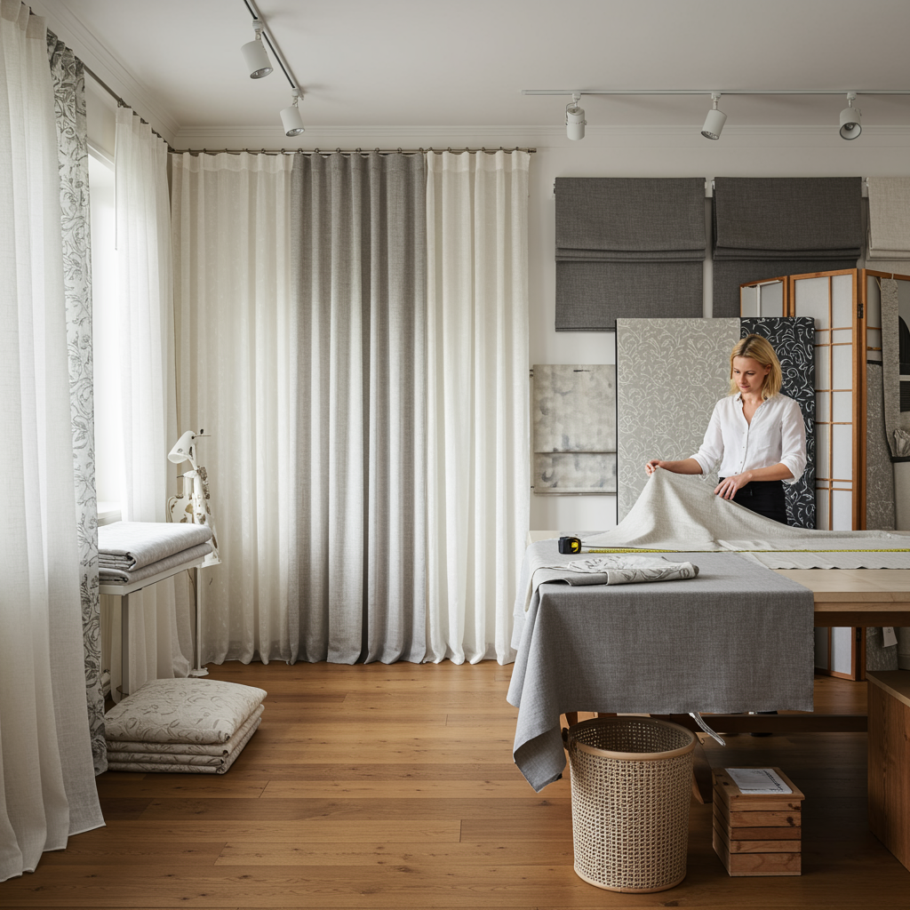 "Showroom de textiles personalizados con una diseñadora blanca midiendo telas, exhibiendo muestras de visillos blancos, cortinas de lino estampadas y elegantes estores romanos en un ambiente sofisticado."