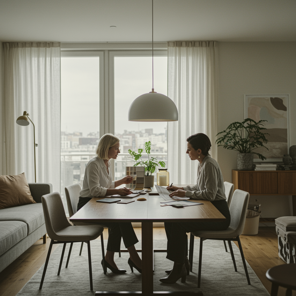 "Consulta de diseño interior en una moderna sala de estar, con diseñadora y cliente revisando muestras de tela y un mood board en un ambiente luminoso y acogedor."