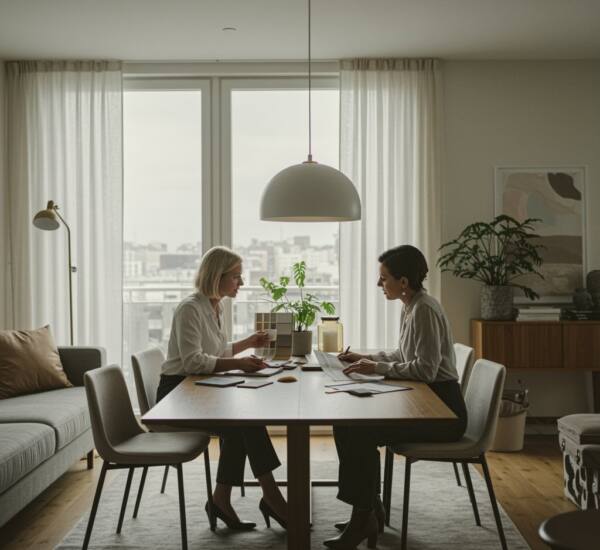 imagen5 1 "Consulta de diseño interior en una moderna sala de estar, con diseñadora y cliente revisando muestras de tela y un mood board en un ambiente luminoso y acogedor."