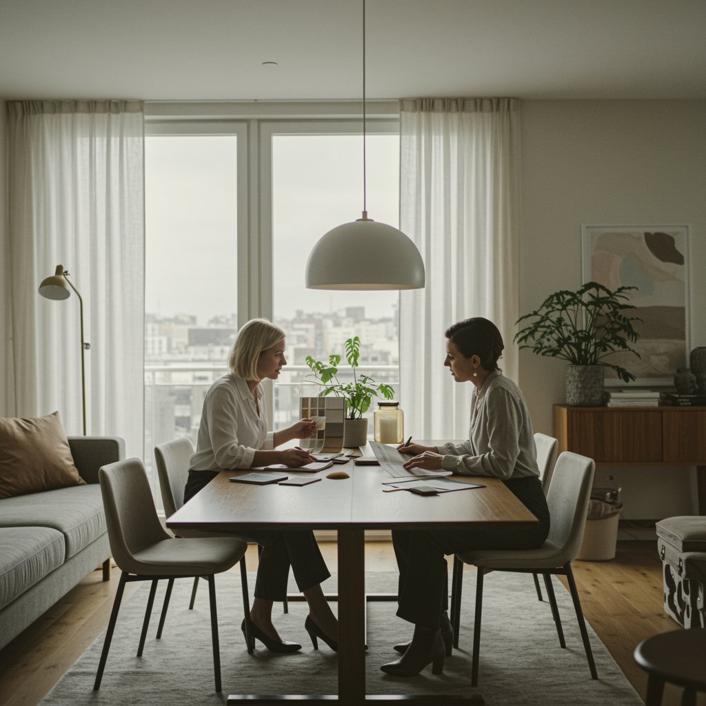 "Consulta de diseño interior en una moderna sala de estar, con diseñadora y cliente revisando muestras de tela y un mood board en un ambiente luminoso y acogedor."