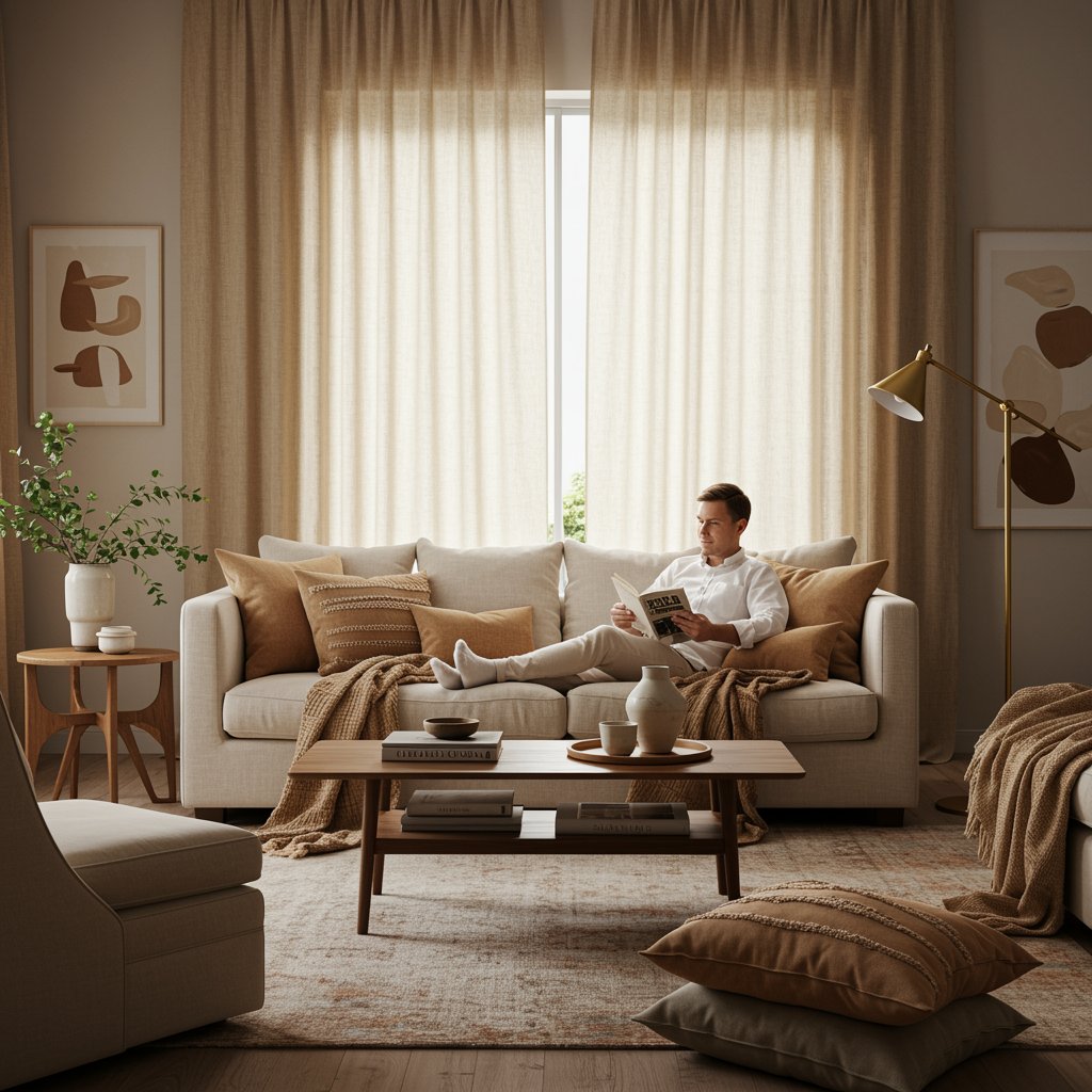 "Imagen de un acogedor salón con sofá de marfil, decorado con cojines en tonos tierra y cortinas de lino, ideal para inspirar diseño de interiores de lujo."