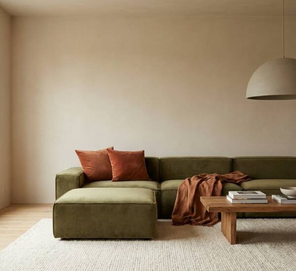 iventho salon sofa verde Salón con sofá verde y cojines a medida